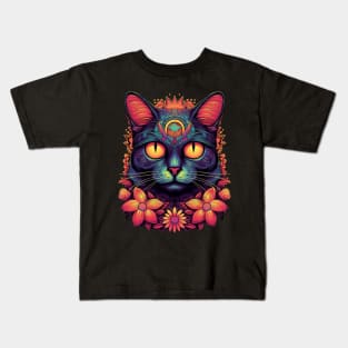 Colorful Abstract Cat and Flowers Design Kids T-Shirt